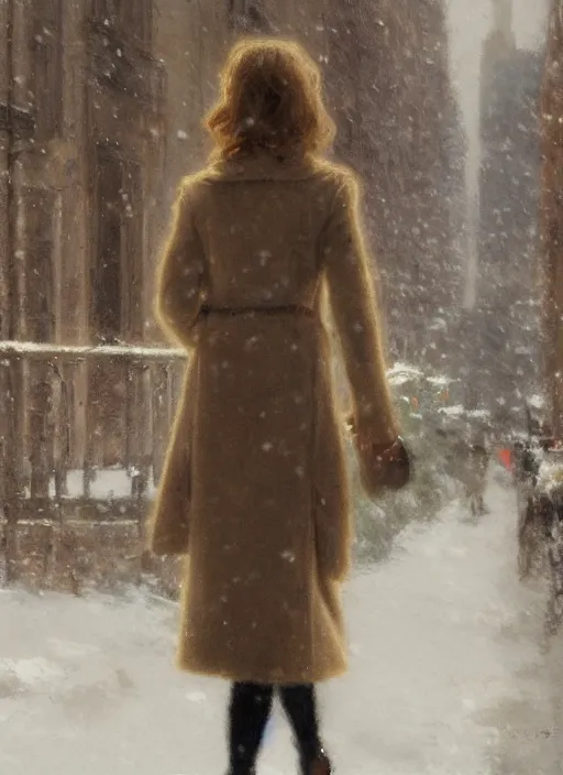 Prompt: back of emma stone in beige coat, walking into new york apartment building in winter, zoomed out, artwork by gaston bussiere, craig mullins, trending on artstation