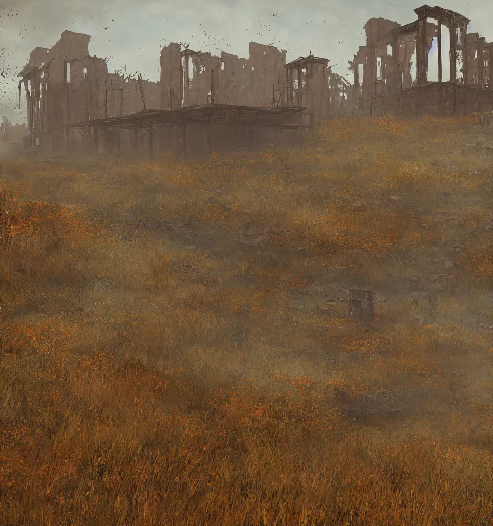 Prompt: rusty broken building constructions of a giant staircase, the ruins, in the steppe, autumn field, misty background, from the game pathologic 2, matte painting, by isaac levitan and asher brown durand,