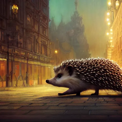 Prompt: photorealistic render of a hedgehog in a city of minsk, by wlop, artgerm, greg rutkowski, alphonse mucha, beautiful dynamic dramatic dark moody lighting, shadows, cinematic atmosphere, artstation, concept design art, octane render, 8 k