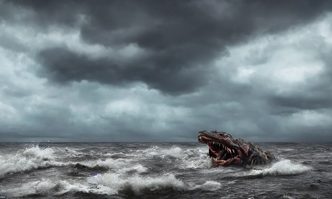 Image similar to a gigantic monster that looks like a mixture of monkfish with crocodile limbs, wet and slimy with a very large mouth, is coming out of the sea dragging its enormous weight with effort on a beach, there are people fleeing in terror, photo-realistic, stormy sky, photo by national geographical