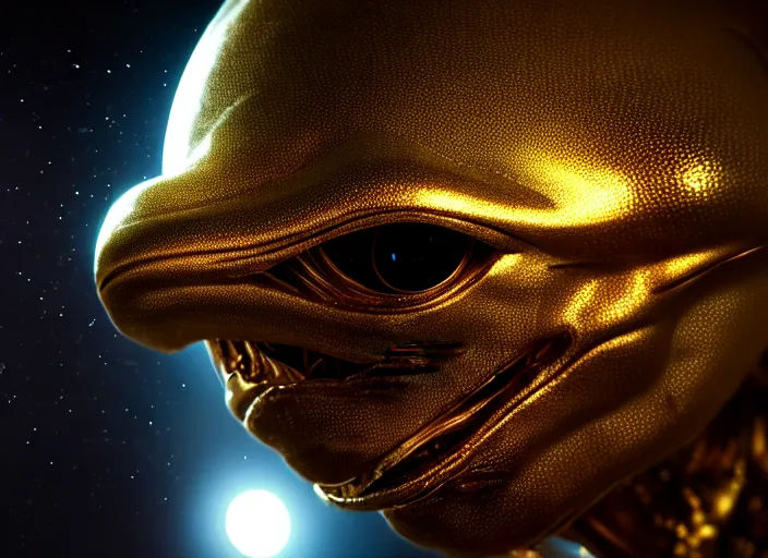 Prompt: hyperrealism, detailed textures, photorealistic 3 d render, an alien with gold eyes in a super star system from 5 million years ago, sharp focus, ultra realistic, ultra high pixel detail, cinematic, intricate, cinematic light, concept art, illustration, art station, unreal engine 8 k