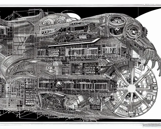 Image similar to a full page of a mechanical blueprint showing the interior of godzilla, with a big head, muted colors, post grunge, studio ghibli, hq,