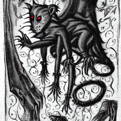 Prompt: goth vampiric scary possums in a medieval cemetery at night