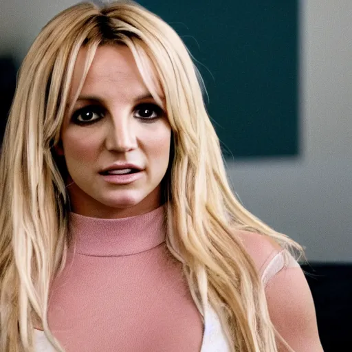 Image similar to cinematic still of britney spears in the office costarring with the kpop group bts