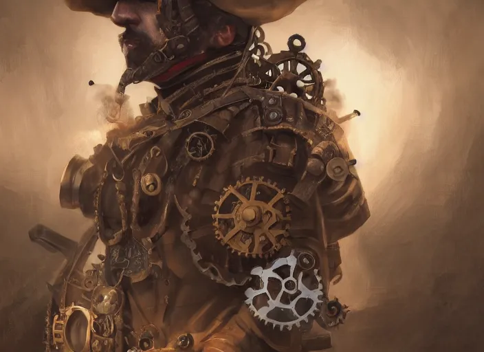 Prompt: 1 5 th century spanish soldier, steampunk, cogs, vapor and steam, game character concept art, wide view, high detailed, full perfect, symmetrical portrait, high detail, by craig mullins, peter mohrbacher, unreal engine, octane rendered, 8 k, dark beauty, trending on artstation