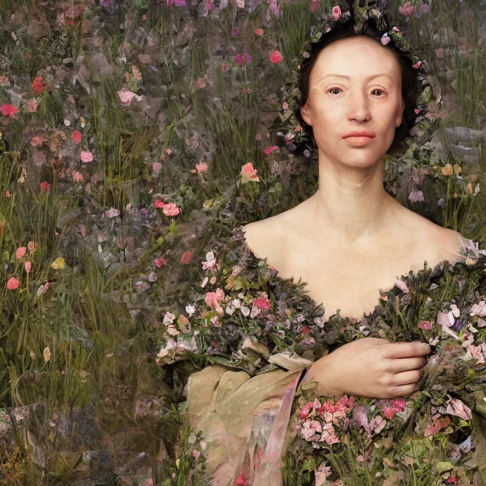 Image similar to a closeup portrait of a woman wearing a cloak made of plastic and mud, in an infinite landscape of flowers, photograph by john currin, canon eos c 3 0 0, ƒ 1. 8, 3 5 mm, 8 k, medium - format print