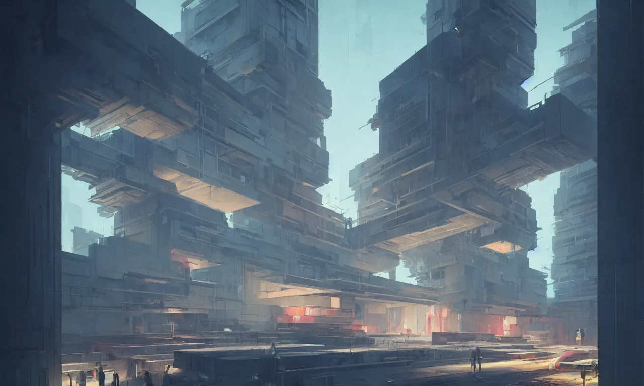 Prompt: brutalist architecture by le corbusier, colorful neon lighting, greg rutkowski, syd mead, concept art, matte painting, highly detailed, rule of thirds, dynamic lighting, cinematic, detailed, denoised, centered