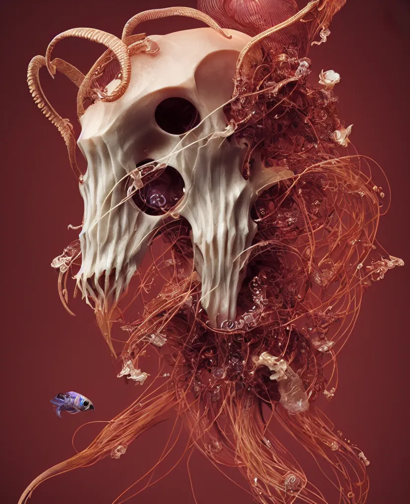 Image similar to goddess close-up portrait goat skull. jellyfish phoenix head, nautilus, orchid, skull, betta fish, bioluminiscent creatures, intricate artwork by Tooth Wu and wlop and beeple. octane render, trending on artstation, greg rutkowski very coherent symmetrical artwork. cinematic, hyper realism, high detail, octane render, 8k