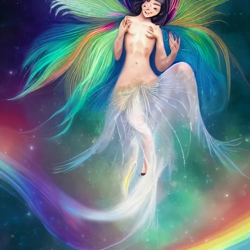 Image similar to A realistic centered portrait of a happy smiling ethereal asian sylph with a wide smile, ethereal vaporous tan skin, azure eyes and eyelashes, ethereal iridescent locks of hairs flying in the breeze and adorned with rainbow feathers, iridescent ethereal veils, flying high in the clouds::sunny weather, sss, translucency, light blue freckles and blemishes, long exposure, hologram, trending on artstation, soft natural lighting and shadows, VFX, CG