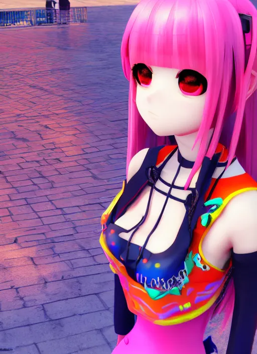 Image similar to anime, vrchat, secondlife, imvu, 3 d model of a girl wearing harajuku colorful clothes, pop colors, kawaii hq render, detailed textures, artstationhd, booth. pm, highly detailed attributes and atmosphere, dim volumetric cinematic lighting, hd, unity unreal engine