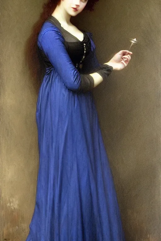 Image similar to victorian vampire in blue dress, painting by rossetti bouguereau, detailed art, artstation