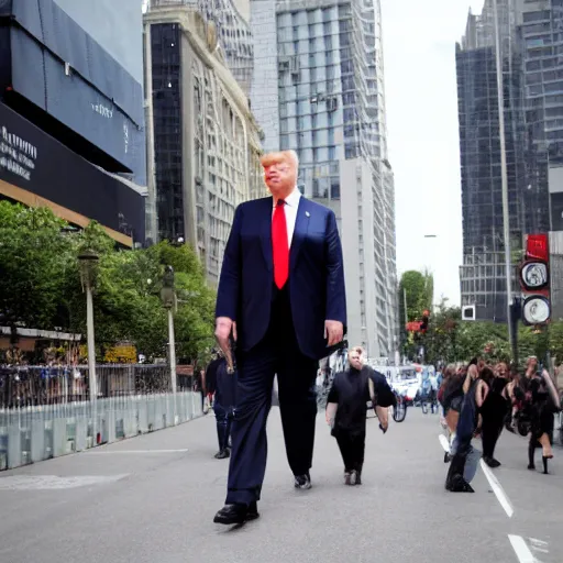 Prompt: Ultra giant Donald Trump walking in the city