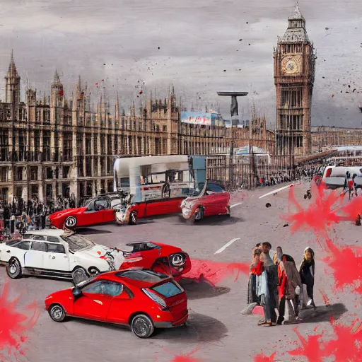 Prompt: A British European City with cars and people roaming inside of the city, certain aspects of the background are lens blurred, splatters of red on the border of the image, some of the people are even painted red, black and white photograph painting, real life, realistic, hyperrealistic, very realistic, photo photograph, photo, photograph, painting, oil painting, ultra realistic, very detailed, extremely detailed, highly detailed, HD Quality, 4k resolution, 8k resolution, trending on artstation, in the style of an Album Cover, cool, epic, nostalgic, intricate details, black and white image