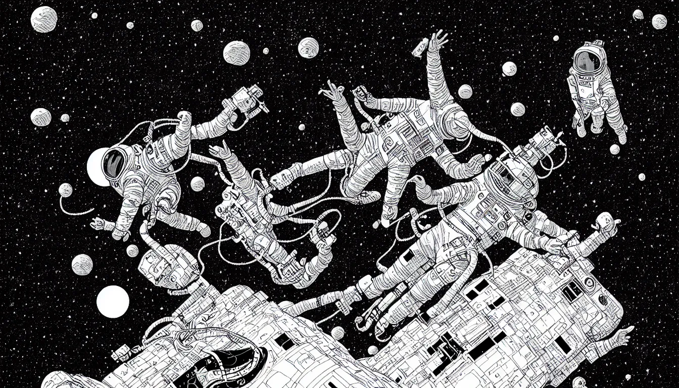 Prompt: floating through space in a space suit by nicolas delort, moebius, victo ngai, josan gonzalez, kilian eng