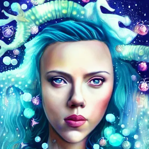 Image similar to “Scarlett Johansson portrait, fantasy, mermaid, cartoon, pearls, glowing hair, shells, gills, crown, water, highlights, starfish, goddess jewelry, realistic, digital art, pastel, magic, fiction, ocean, game, Queen, colorful hair, sparkly eyes”