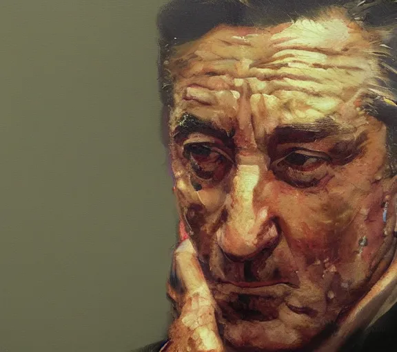 Prompt: a hyper-detailed painting of Robert DeNiro by Craig Mullins; oil on canvas; trending on artstation