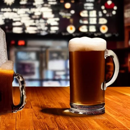 Image similar to a 3 d rendered movie still product shot an old - fashioned root beer in a frosty mug with condensation. the mug sits on a wooden bar at a diner. next to the mug is an origami bird. in the background is a dart board on a wall. imax, 7 0 mm dramatic lighting blade runner