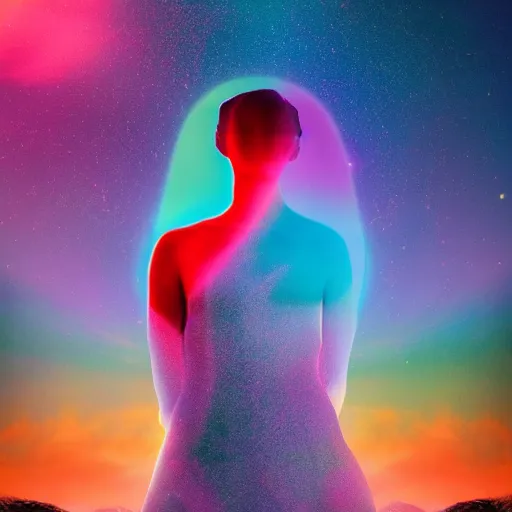 Prompt: A picture of a planet of various colors and plants, in which the human figure is dressed in something magical and impressive, inside the picture is infinity, sunset light, Atmospheric phenomenon, artistic photography, muted colors, conceptual