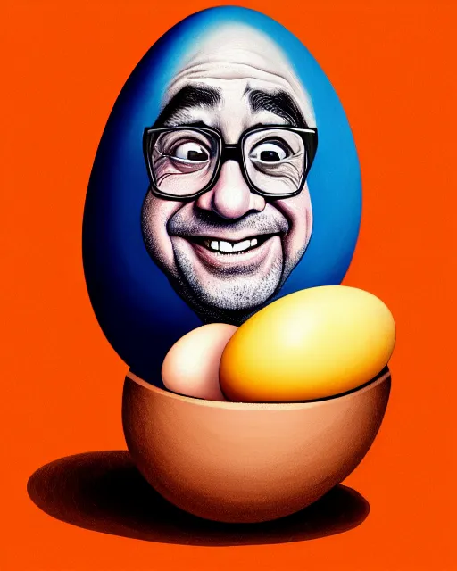 Image similar to painting portrait of danny devito as an egg, cartoon, warm lighting, danny devito has an egg body, movie poster, illustration by bartek fedyczak, erak note, tooth wu, neil richards, kan liu, siwoo kim, jisu choe, trending on art station