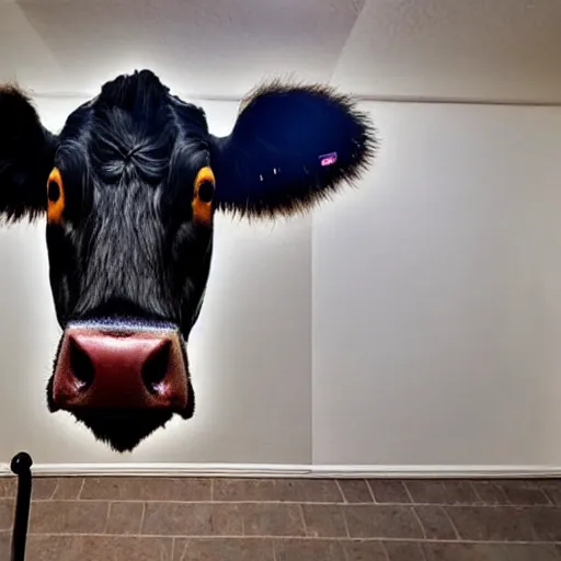 Image similar to ultra - realistic close - up of creepy cow at night, fish - eye - lense, disturbing horror photo, doorbell camera footage