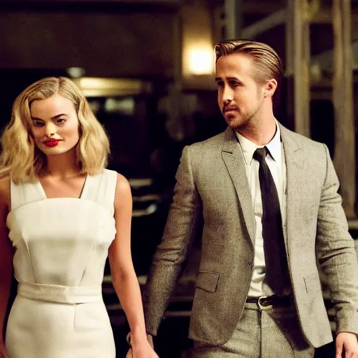 Prompt: still of ryan gosling and margot robbie, walking in human face