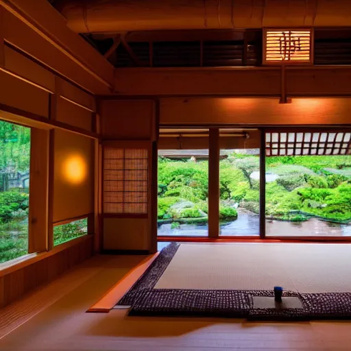 Image similar to inside a cozy dark wooden Japanese house with a indoor koi pond, bonsai trees, stream flowing through the house,fireflies, wild flowers, raining, bamboo forest, night time