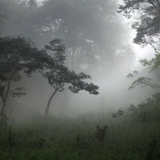 Prompt: battle of large proportions in the jungle foggy mist