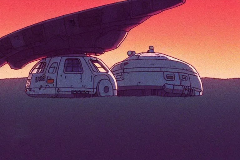 Prompt: a still from a studio ghibli film of an alien mothership from princess mononoke ( 2 0 0 4 ) at night on a desert road, full body, wide shot, very muted colors, post grunge, studio ghibli, laurie greasley, highly detailed, deviantart, art by artgem