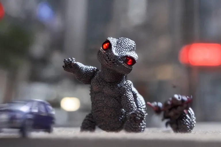 Image similar to film still of tiny godzilla fighting in a little model of new york city in the new godzilla ant man crossover movie, macro lens