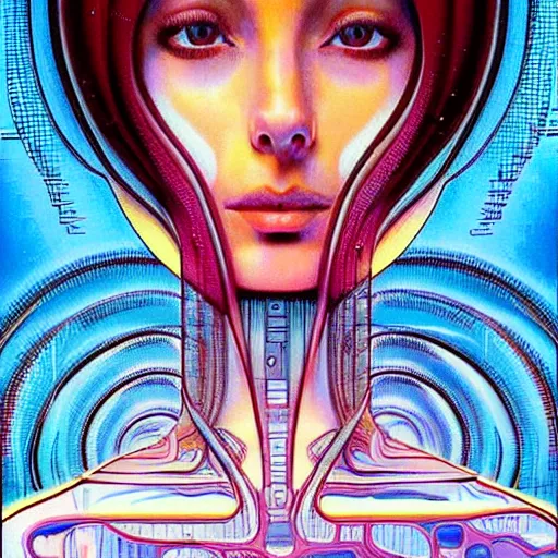 Prompt: symmetric! detailed! sci - fi painting of a beautiful female neuroscientist with dark hair trying to understand a microprocessor and neural networks and artificial intelligence, jean giraud!, ai!