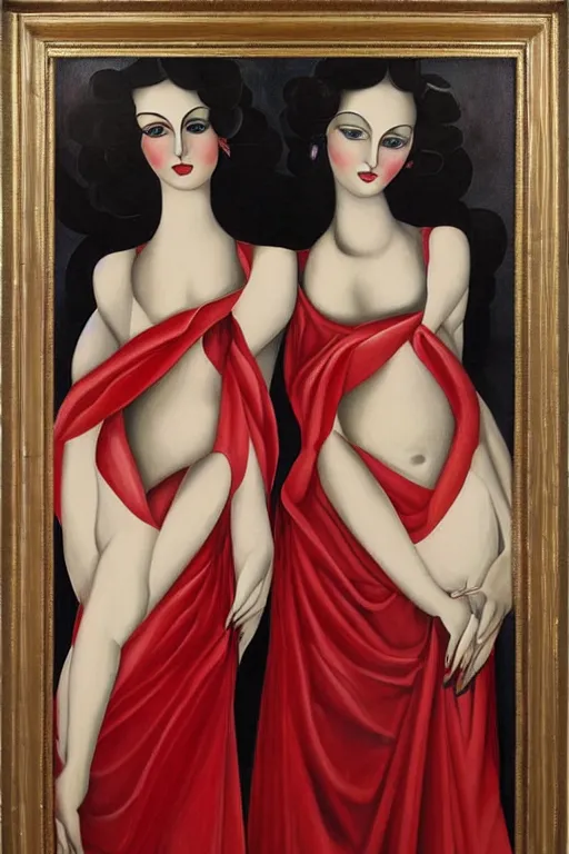 Prompt: highly detailed painting of gemini goddesses wearing red celestial gowns next to a black bull framed with flowers by tamara de lempicka