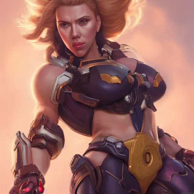 Image similar to detailed portrait of scarlett johansson as a female bodybuilder d. va from overwatch, attractive, beautiful, fantasy, intricate, elegant, highly detailed, digital painting, artstation, concept art, matte, sharp focus, illustration, art by aenaluck, artgerm and roberto ferri and greg rutkowski, epic fantasy, digital painting