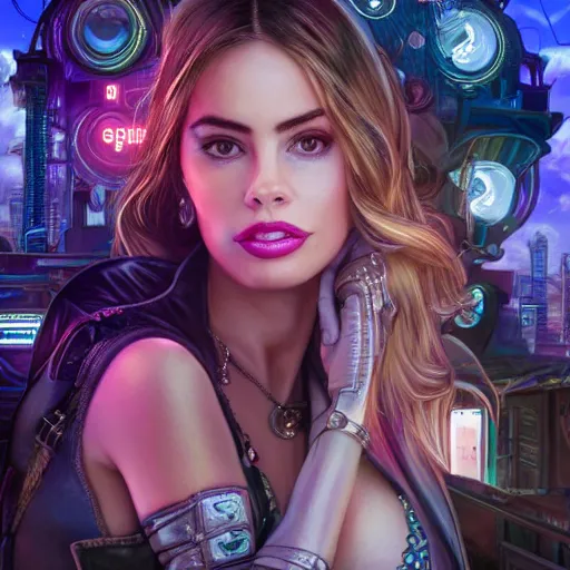 Prompt: sofia vergara and ana de armas double portrait futuristic cyberpunk cowgirls, neon light rooftop, fantasy, intricate and very beautiful and elegant, highly detailed, digital painting, artstation, concept art, smooth and sharp focus, tight fit, leather, illustration, art by tan zi and ayanamikodon and alphonse mucha and wlop