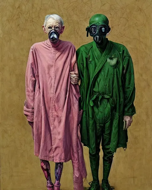 Image similar to two skinny old people with extra limbs, wearing gas masks and robes of gold, green and pink, cinematic, dystopian, eerie, horror, gothic, highly detailed painting by Jenny Saville, Esao Andrews, Francis Bacon, !!!Edward Hopper!!! surrealism, art by Takato Yamamoto and James Jean