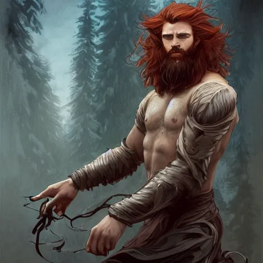 Image similar to portrait of a manly wolf, male, handsome, masculine, full body, red hair, long hair, soft hair, fantasy, intricate, elegant, highly detailed, suit, coffee shop, digital painting, artstation, concept art, character art, smooth, sharp focus, illustration, art by artgerm and greg rutkowski and alphonse mucha