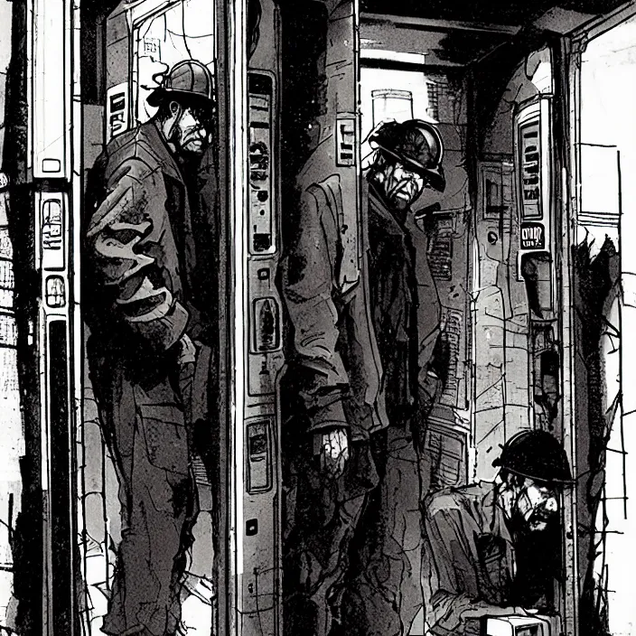 Image similar to weary miners look at opaque phone booths. storyboard, scifi cyberpunk. by gabriel hardman, joe alves, chris bonura. cinematic atmosphere, detailed and intricate, perfect anatomy