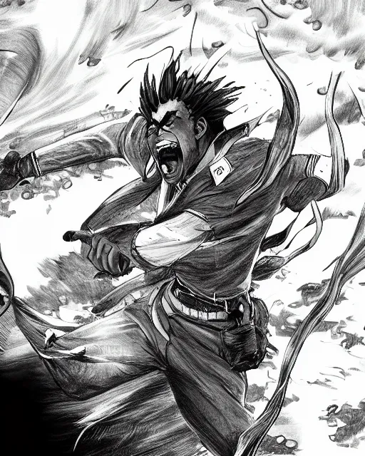 Image similar to a very detailed pencil drawing of kodak black in demon slayer manga panel, action lines, greg rutkowski, in field high resolution, dynamic pose, landscape, medium portrait, action, hyper realistic, manga, koyoharu gotouge, sakuga