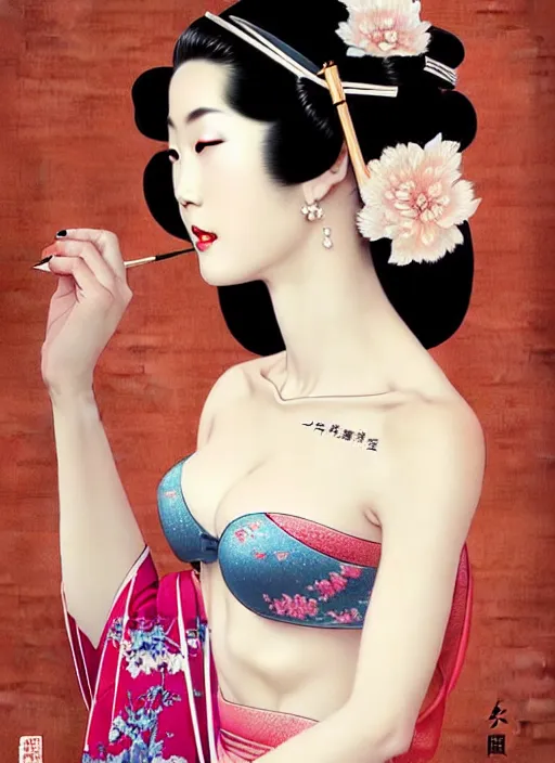 Prompt: glamorous and sexy Geisha, beautiful pale makeup, pearlescent skin, seductive eyes and face, elegant japanese woman, lacivious pose, very detailed face, seductive, elegant bras, translucent coloured kimono, ancient japanese temple on the background, photorealism, a portrait by artgerm, rossdraws, Norman Rockwell, magali villeneuve, Gil Elvgren, Alberto Vargas, Earl Moran, Enoch Bolles