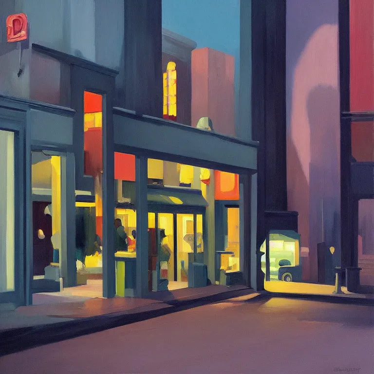 Prompt: dark city all stores cloded, except one, painted by Edward Hopper and James Gilleard, oil painting