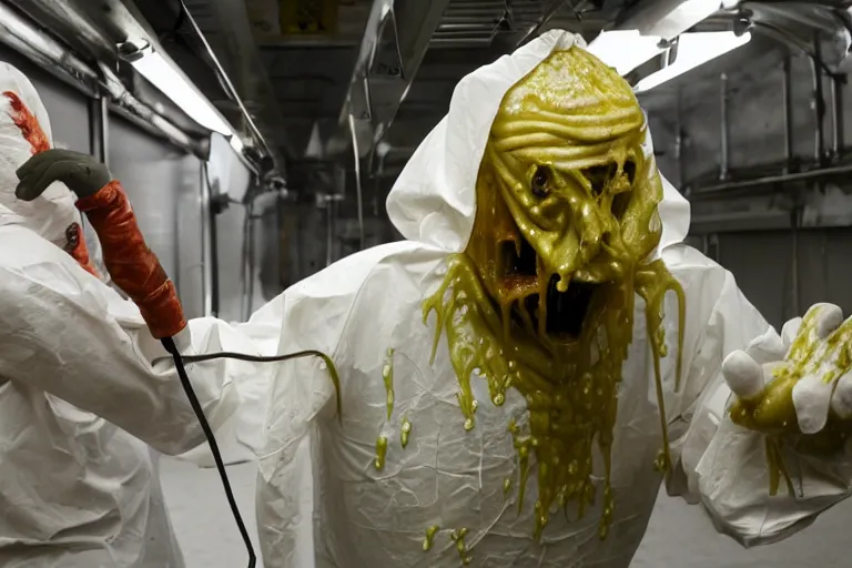 Prompt: a man in a hazmat suit looks on helplessly as a drippy meat monster grows out of control in a creepy underground lab