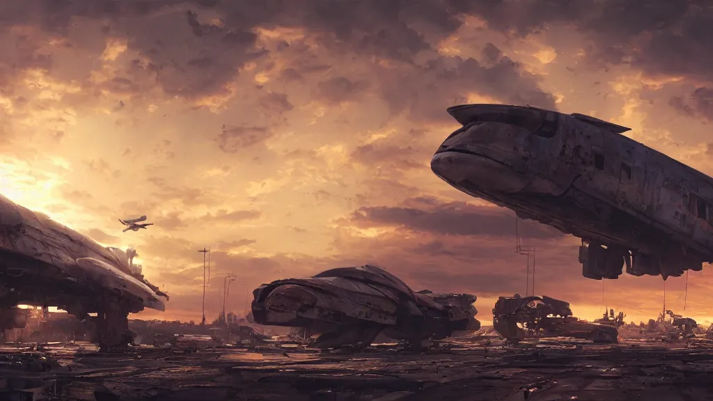 Image similar to a Photorealistic hyperrealistic render of a gigantic spaceship landing at a Junkyard by Greg Rutkowski,Vitaly Bugarov,Stephan Martiniere,Nicolas Bouvier SPARTH,James Paick,dramatic moody sunset lighting,long shadows,Volumetric, cinematic atmosphere, Octane Render,Artstation,8k