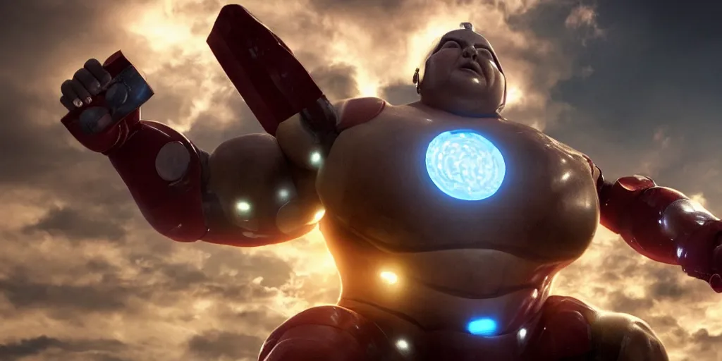 Prompt: obese rotund ironman lifting mjolnir high up, cinematic shot