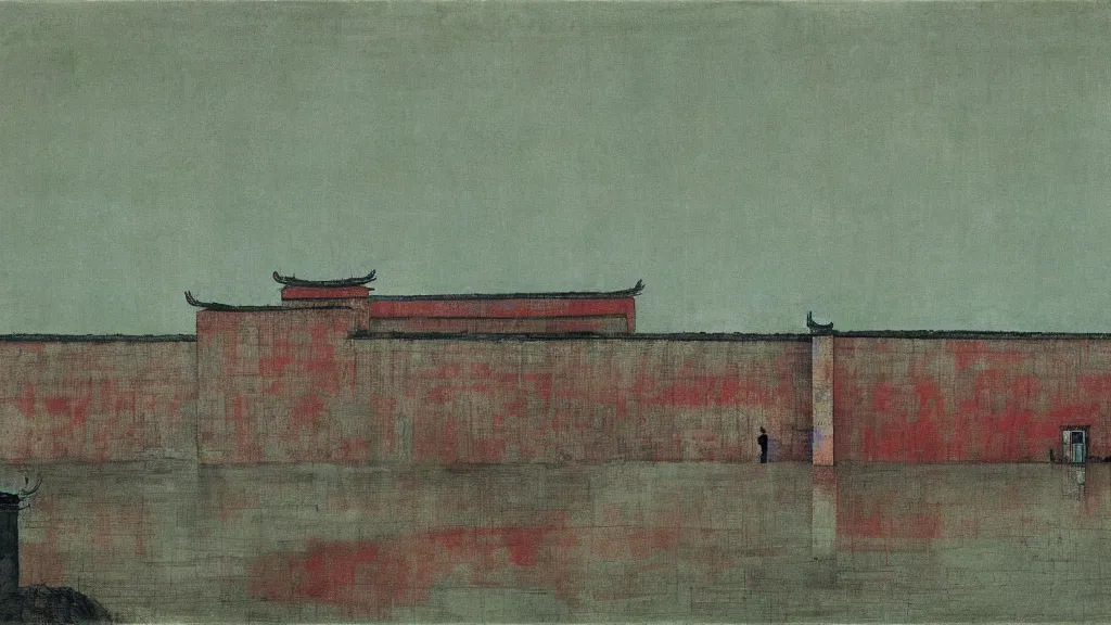 Image similar to a chinese prison near a river by peter doig, muted colors