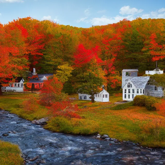 Prompt: small new england colonial village on a river in the white mountains of new hampshire, fall foliage, realistic, unreal engine render, octane render, hyper realistic, photo, 8 k