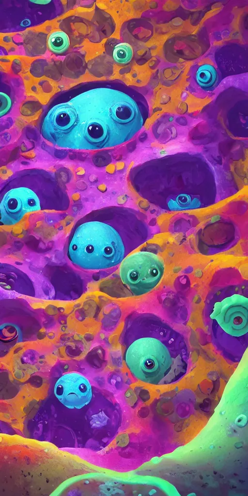 Image similar to of a colorful deep sea crater with strange cute blobby happy creatures with huge eyes, mouth, long tongue and round teeth appearing from smokey background, in the style of gehry and gaudi, macro lens, shallow depth of field, ultra detailed, digital painting, trending artstation, concept art, illustration, cinematic lighting, photorealism, epic, octane render