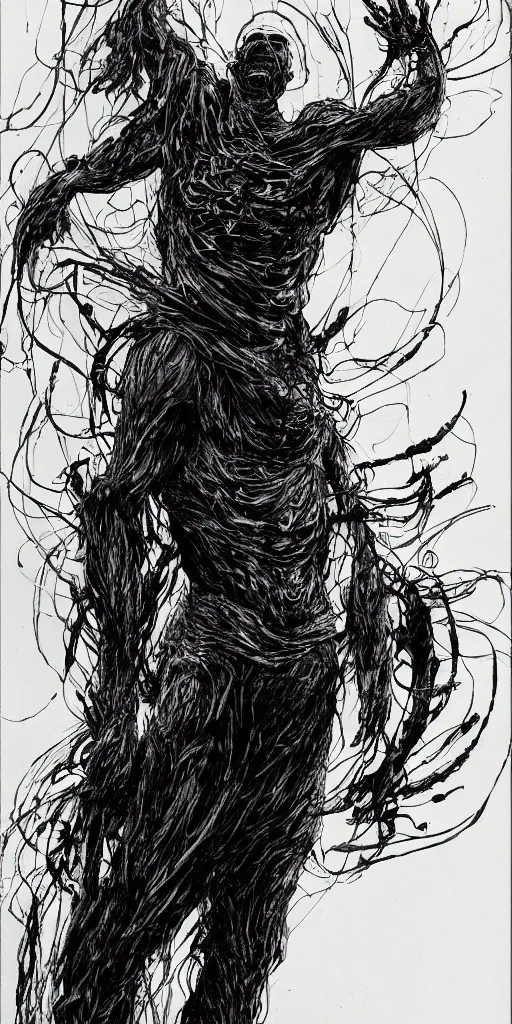 Image similar to concept art of a man with his body covered in burns, with black smoke coming out of his hands, dark colors, sinister atmosphere, dramatic lighting, cinematic, establishing shot, extremely high detail, photo realistic, cinematic lighting, pen and ink, intricate line drawings, by Yoshitaka Amano, Ruan Jia, Kentaro Miura, Artgerm, post processed, concept art, artstation, matte painting, style by eddie mendoza, raphael lacoste, alex ross,