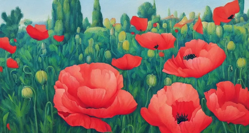 Prompt: beautiful oil painting of poppies and peonies by Georgia O'Keeffe