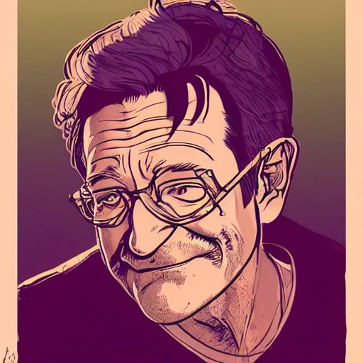 Image similar to a study of cell shaded portrait of Robin Williams concept art, llustration, post grunge, concept art by josan gonzales and wlop, by james jean, Victo ngai, David Rubín, Mike Mignola, Laurie Greasley, highly detailed, sharp focus, alien, Trending on Artstation, HQ, deviantart, art by artgem