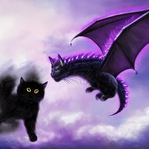 Image similar to super detailed black fluffy cat riding a purple dragon in a storm, ultrarealistic, highly detailed, soft colors