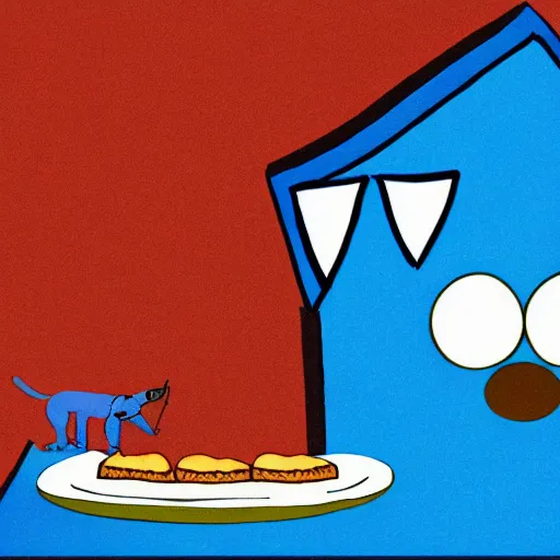 Prompt: blue dog eating blue pizza in a blue house, 4k